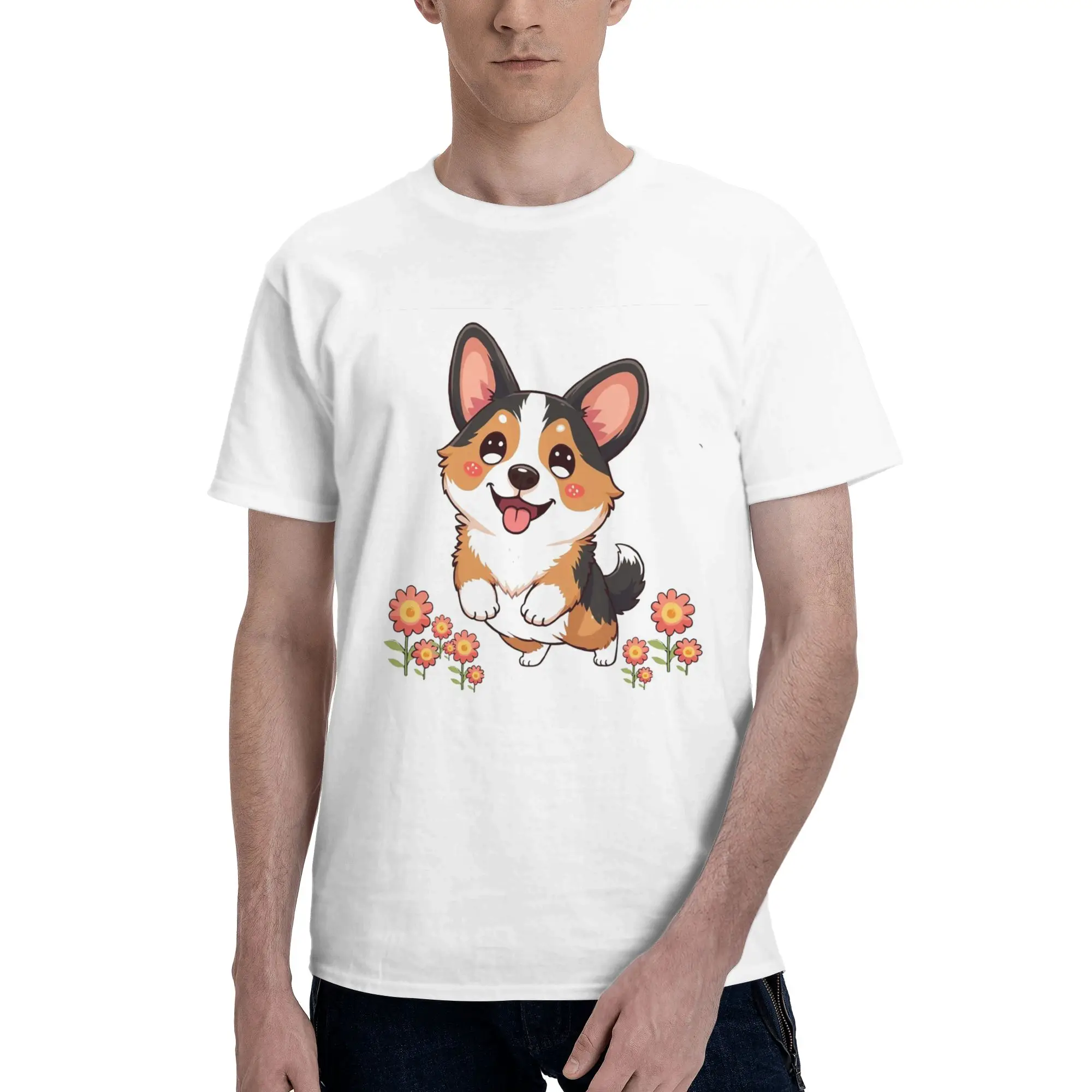 

Kawaii трехцветный корги в саду футболка из 100% хлопка мужские классические футболки мужские с круглым вырезом с коротким рукавом S-6XL