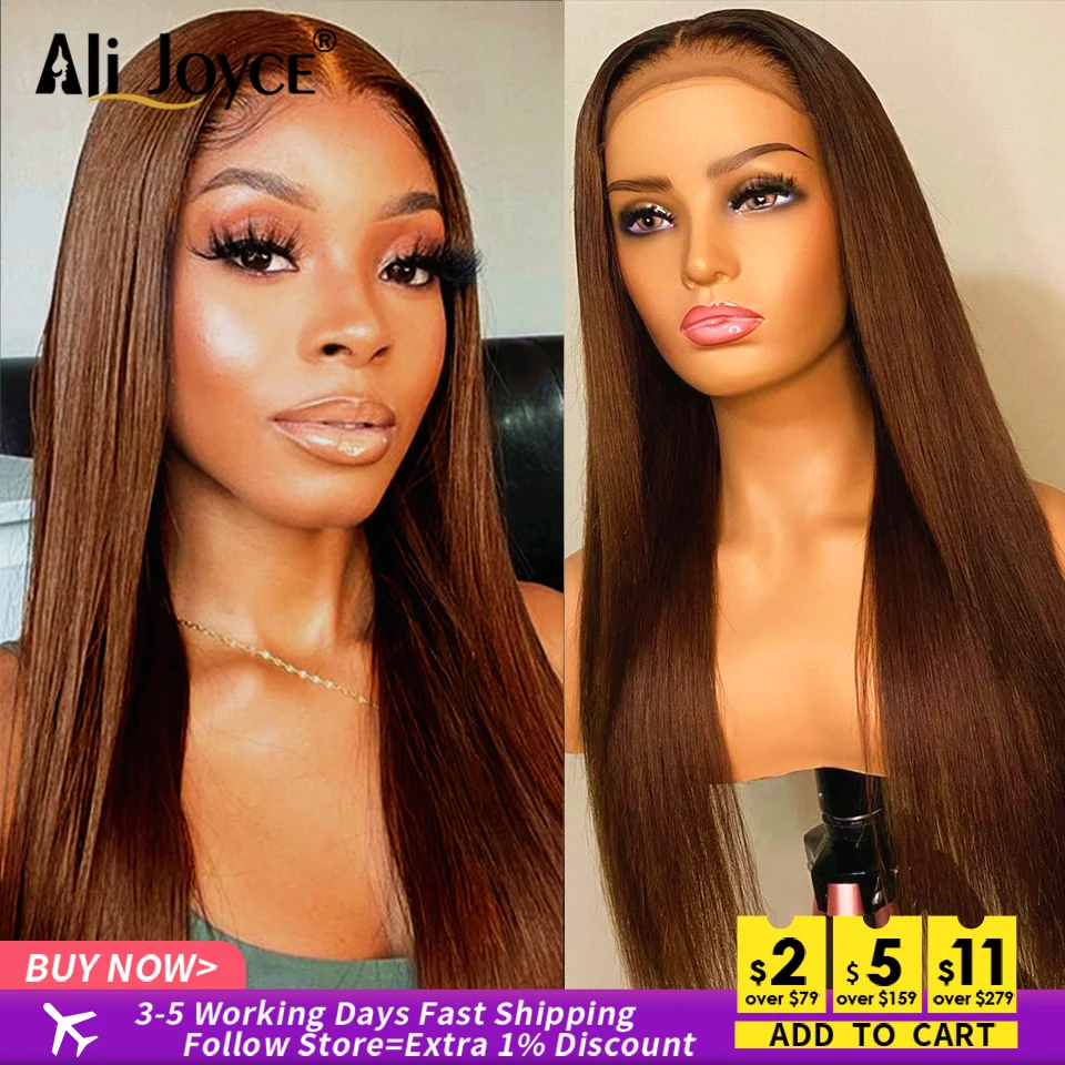 

Peruvian #4 Brown Straight Human Hair Wigs 13x4 Lace Front Wig Pre Plucked Remy Hair Chocolate Brown Colored Long Hair For Woman