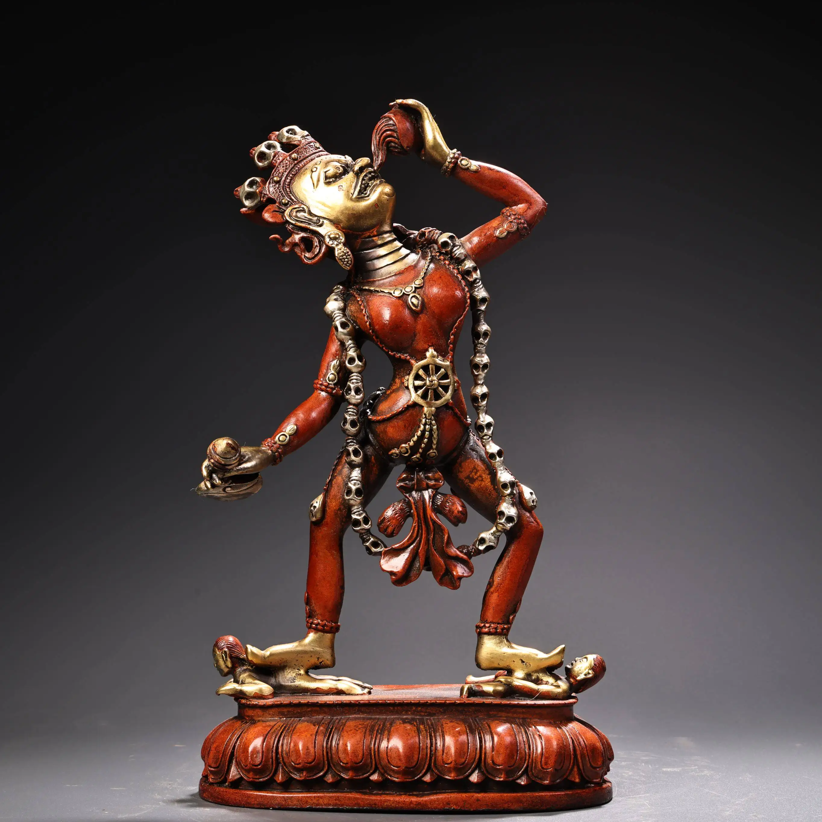 Old Copper High Relief Engraved Gilt Silver Dakini Buddha Statue Heavy Patina Fine Craftsmanship