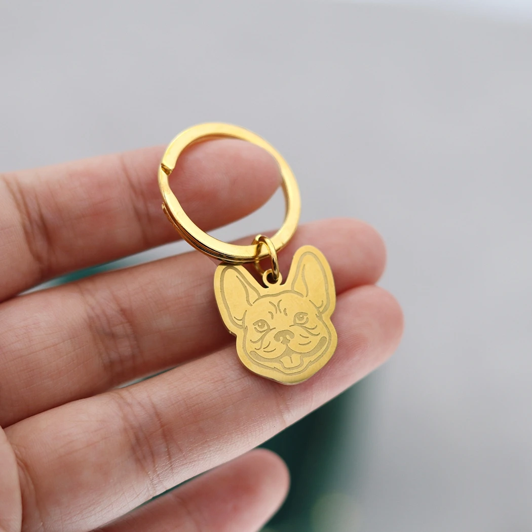 Qiamni-男性と女性のためのかわいいフレンチブルドッグキーホルダー、ステンレス鋼、カスタム名、番号、動物のペンダント、キーホルダー、パーティージュエリー、ギフト