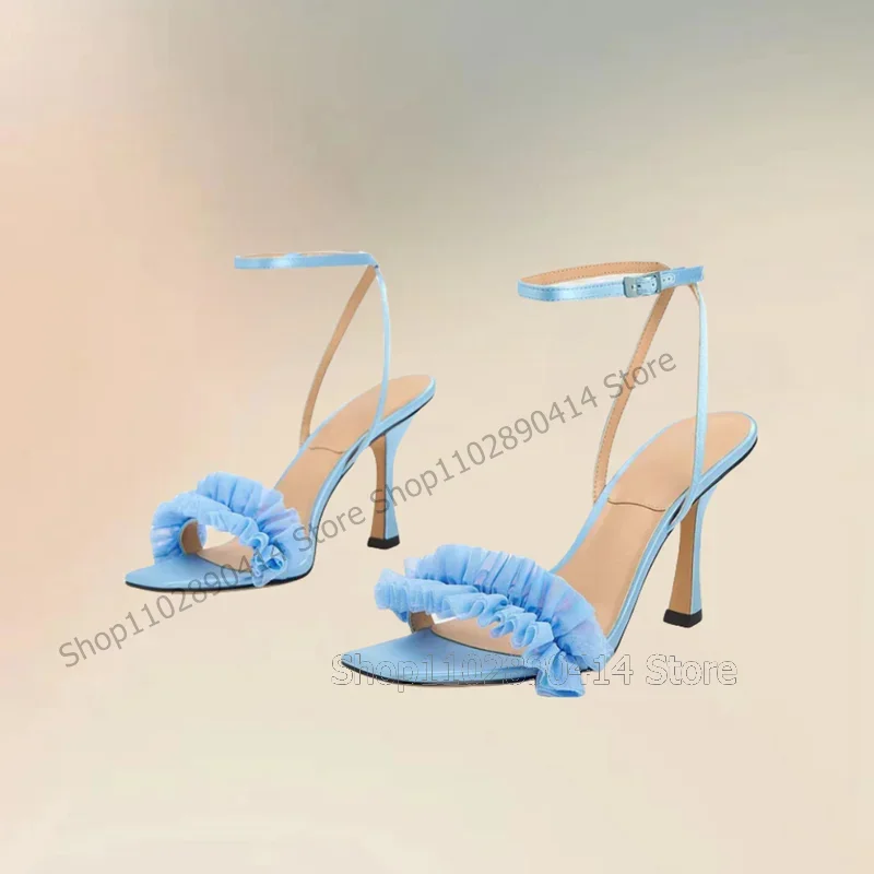 

Sky Blue Ruffles Design Cut Heel Open Toe Sandals Ankle Buckle Strap Women Shoes Thin High Heels Novel 2025 Zapatos Para Mujere