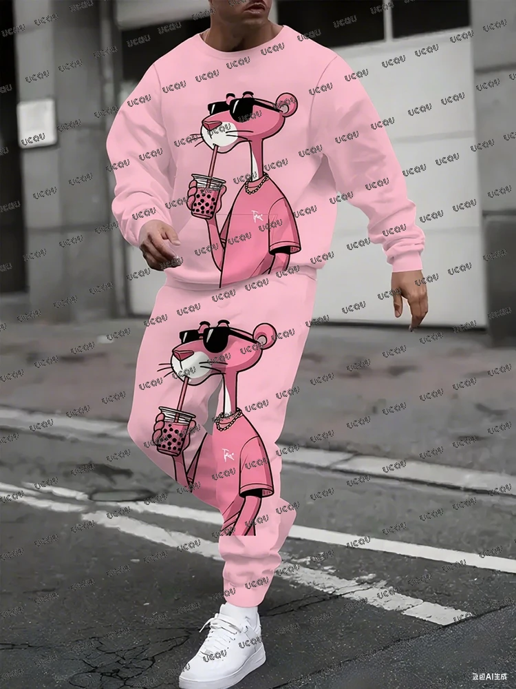 

Autumn Winter New Men's Tracksuit Sets Pink Panther O-neck Hoodied Long Pants Suit Pink Panther Streetwear 2 Piece Male Clothes