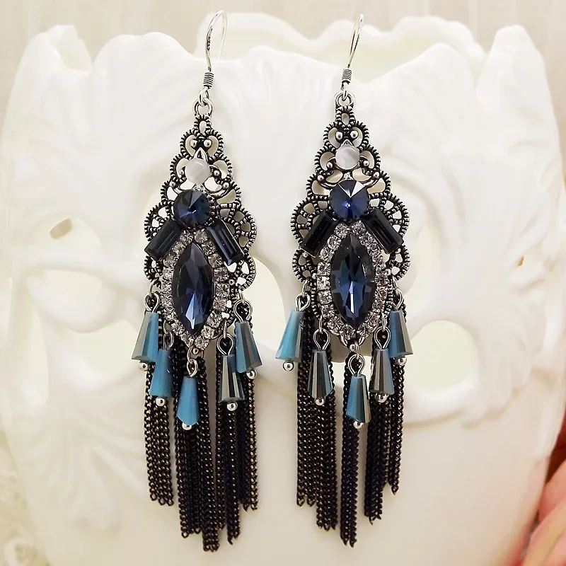 

S925 Silver Ear Hook Korean Exaggerated Tassel Earrings Retro Ethnic Adorned Long Earring for Women