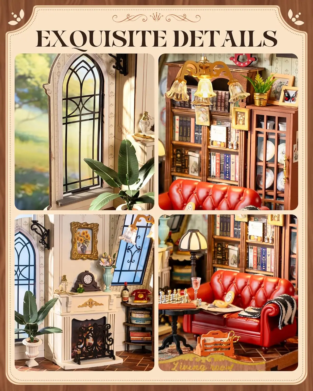 Robotime DIY Miniatur-Puppenhaus-Set, Catherine's Wohnzimmer, Holzbausätze mit LED-Leuchten, Modellbausätze für Erwachsene, Geschenk