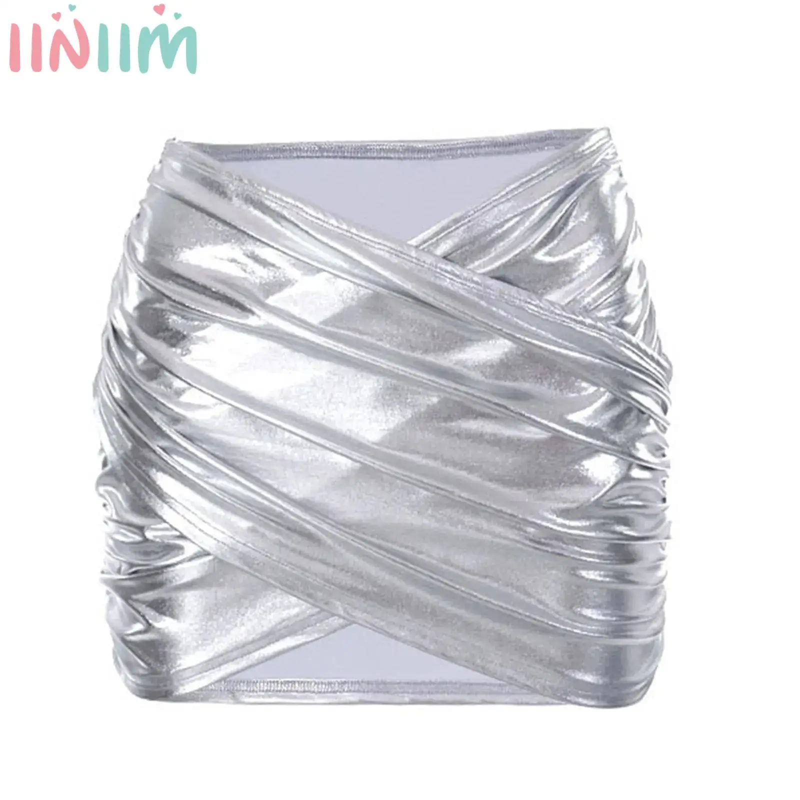 Womens Sexy Shiny Metallic Miniskirt Crossing V-shaped Waistline Bodycon Skirt for Nightclub Dancing Party Performance Dress Up