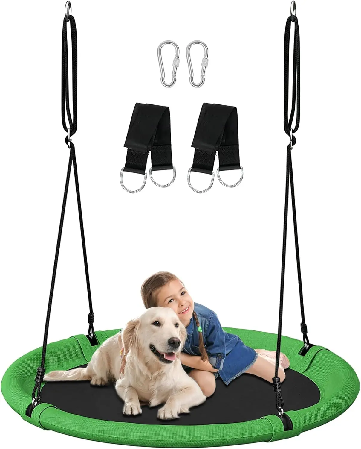 

40 Inch Saucer Swing Set for Kids and Adults, Adjustable Outdoor Play Equipment in Green & Black