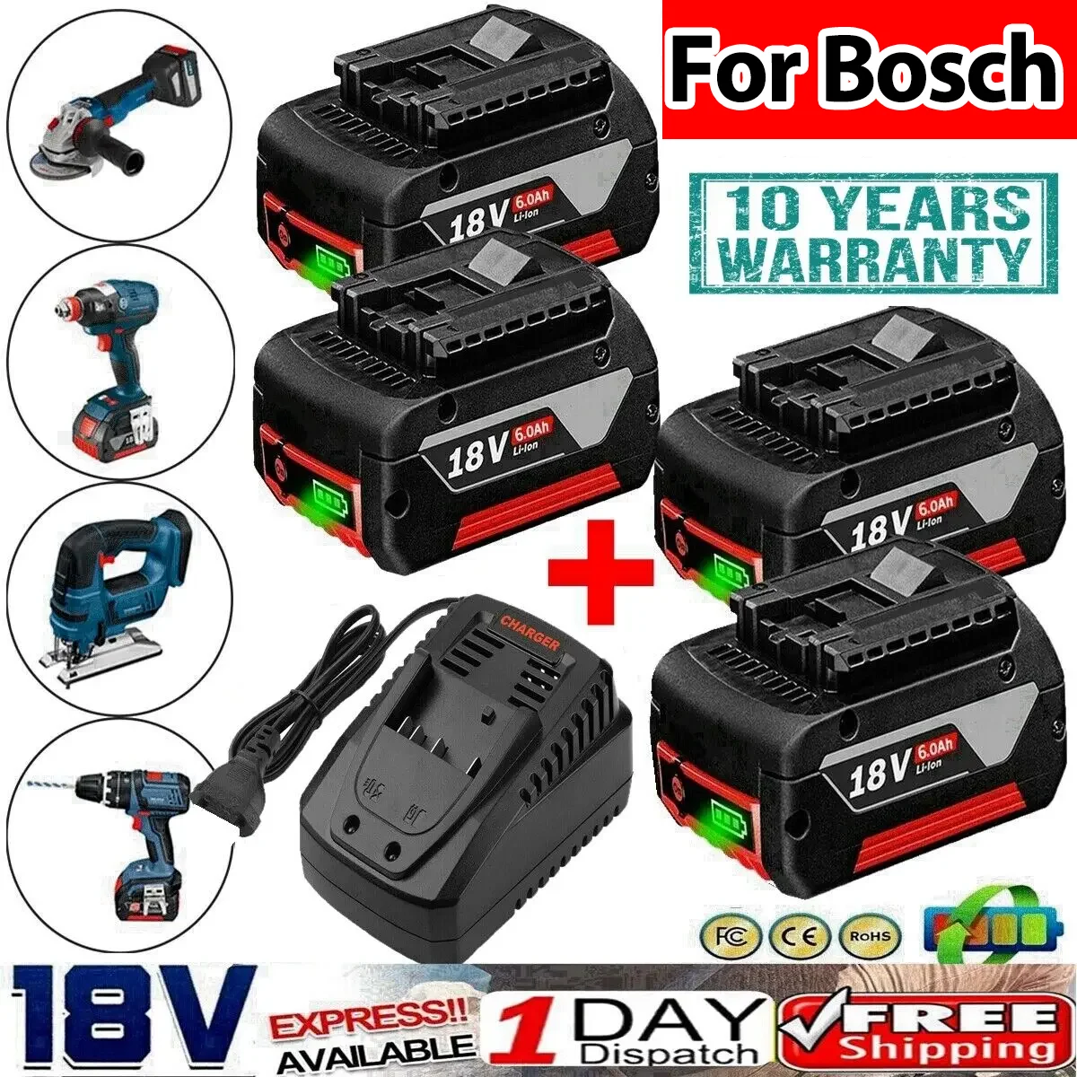 6.0Ah Per Bosch BAT609 BAT61818V Batteria e Caricabatterie 6.0Ah Batteria Originale per Bosch 18V Profession618-01 Manometro DE RU UPS