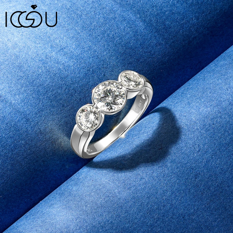 

IOGOU из чистого серебра 925 пробы, женское обручальное кольцо с тремя камнями, 6,5 мм, 5 мм, круглое кольцо D с полным муассанитом и сертификатом