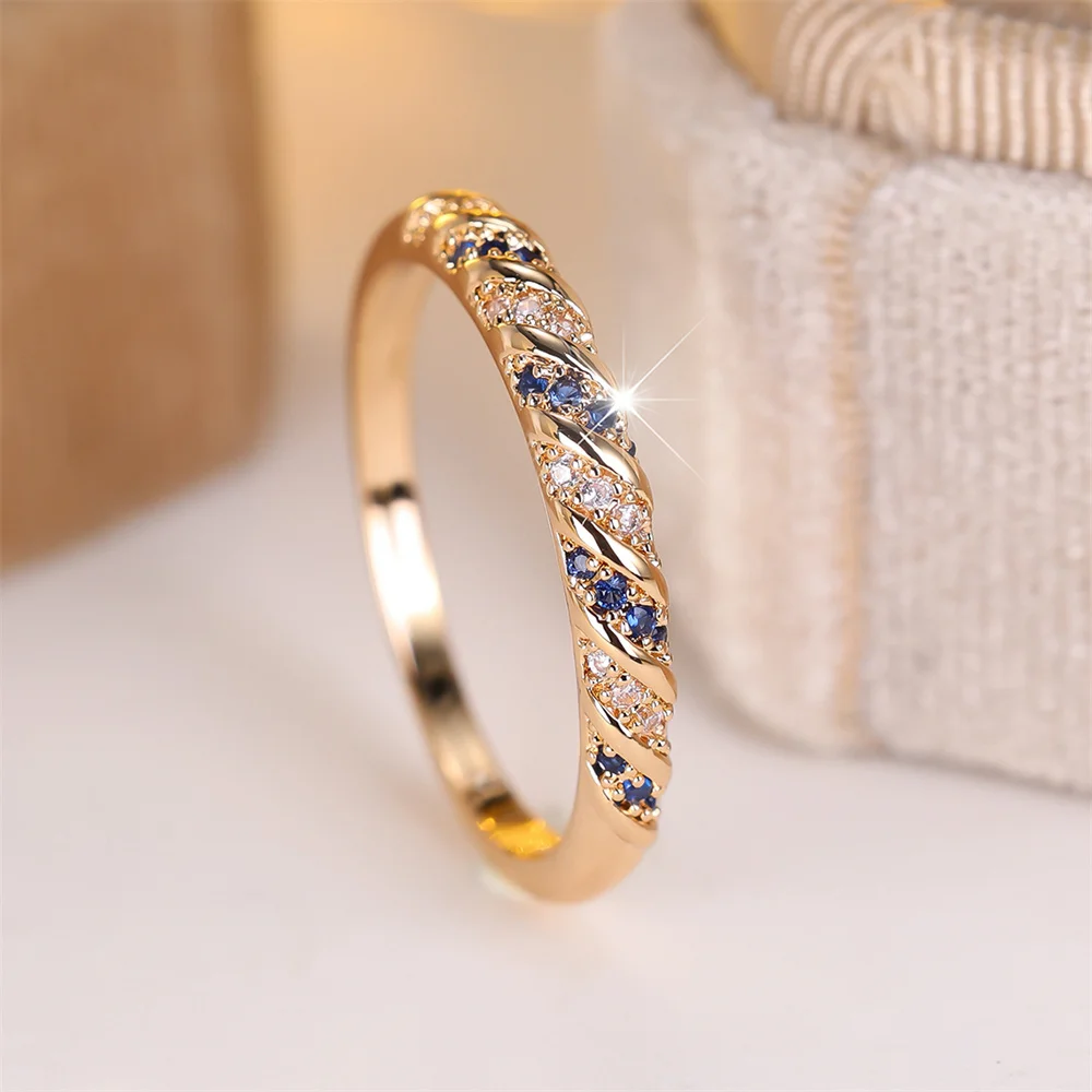 Modische Ringe mit blauem Kristall und weißem Zirkon, runder Stein, gedreht, für Damen, Vintage-Stil, goldfarben, Hochzeitsschmuck, vielseitige Geschenke für die Braut – Detail 2