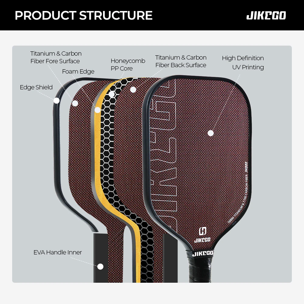 JIKEGO Titanium Weave T700 Carbon Fiber Pickleball Paddle Thermoformed Unibody Foam Edge 16mm Elongated Pickle Balls Racket CFS