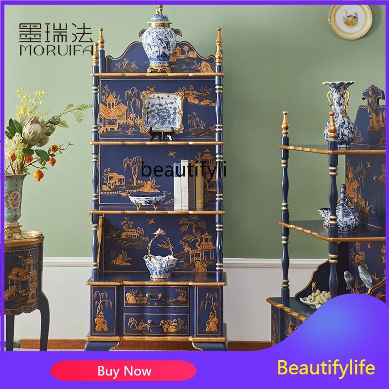 

French Chinese style solid wood hand-painted display cabinet retro storage shelf classical luxury display bookshelf