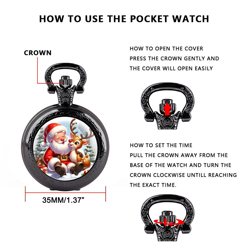 Christmas Santa and Moose Glass Dome Quartz Pocket Watch With Durable Chain Arabic Numeral Dial Extraordinary Gifts for Men Kids