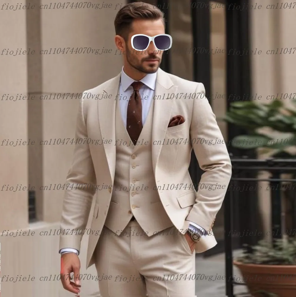

Beige Men Suit Formal Occasion Wedding Party Groom Groomsman Business Male Tuxedos Customized 3 Piece Set Jacket Vest Pants