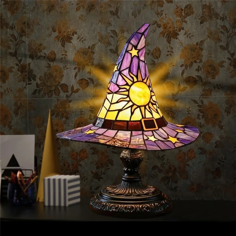 Lámpara de sombrero de bruja de resina ABXF, lámpara gótica con forma de mago, sombrero de bruja de resina alimentado por USB, adorno de luz para decoración de sala de estar y dormitorio