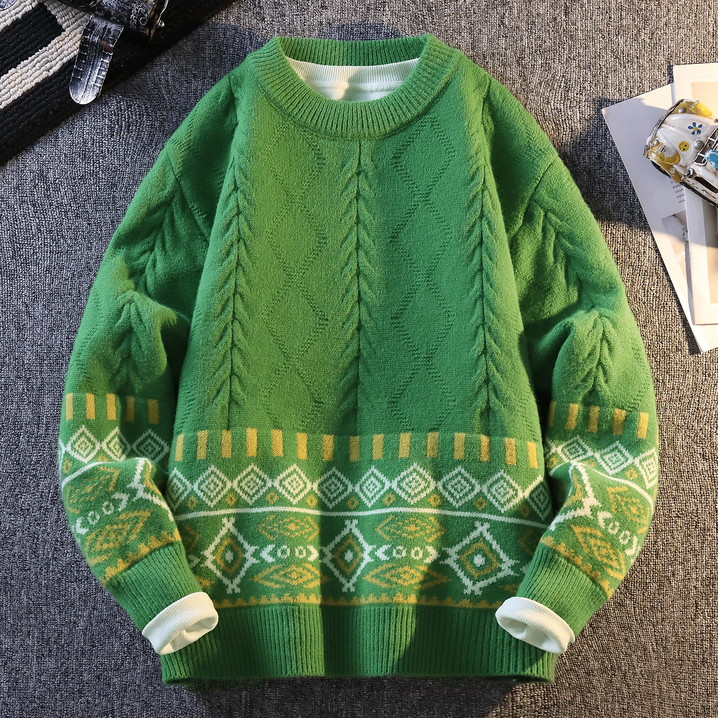 

Осень/зима, новый модный тренд, утолщенный теплый вязаный свитер с принтом, мужской повседневный свободный спортивный свитер большого размера высокого качества