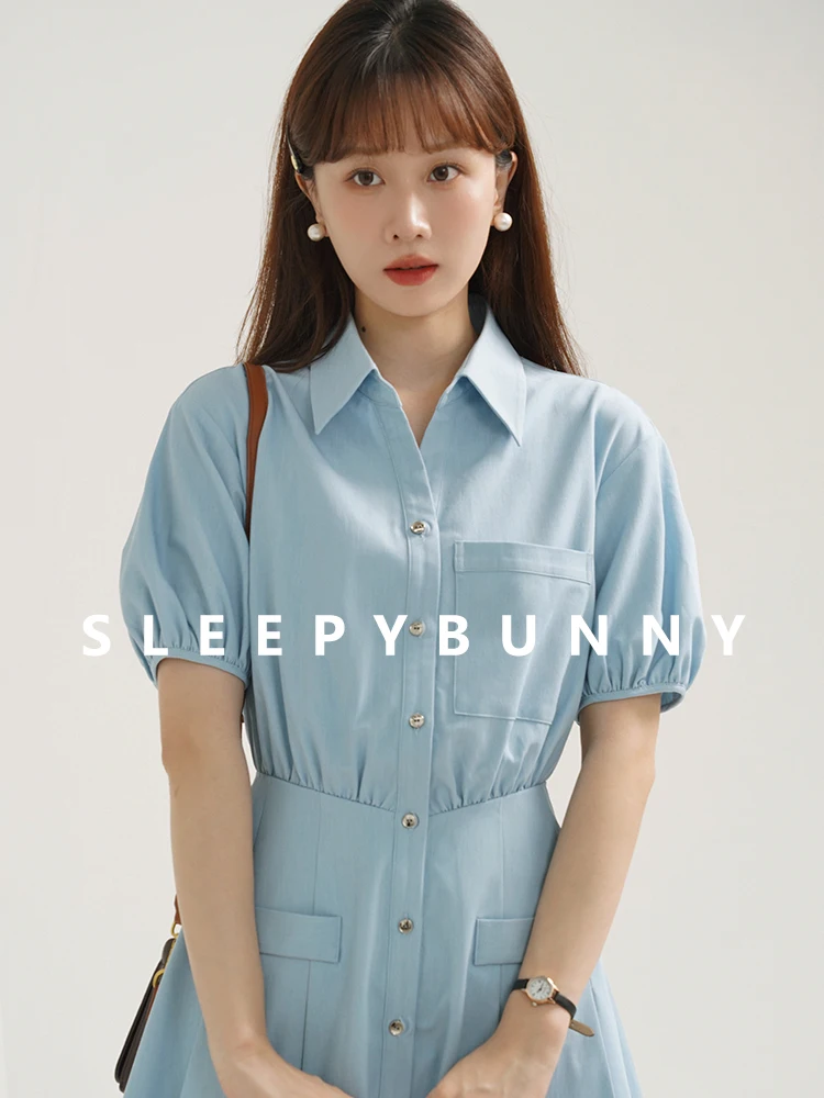 

Chic Shirt Collar Button Dress for Women Summer Puff Sleeve Pleated Mini Dress Casual Short Sleeve A-Line Tunic Skater Dress
