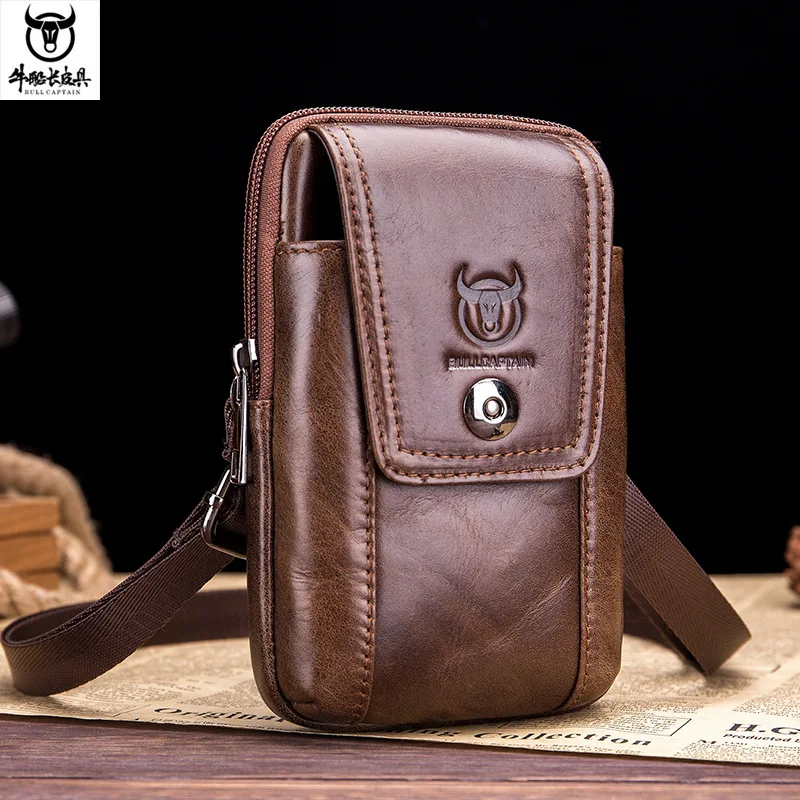 

Men wear belt waist bag multi-purpose real leather buckle zipper square mobile phone bag travel shoulder crossbody bag