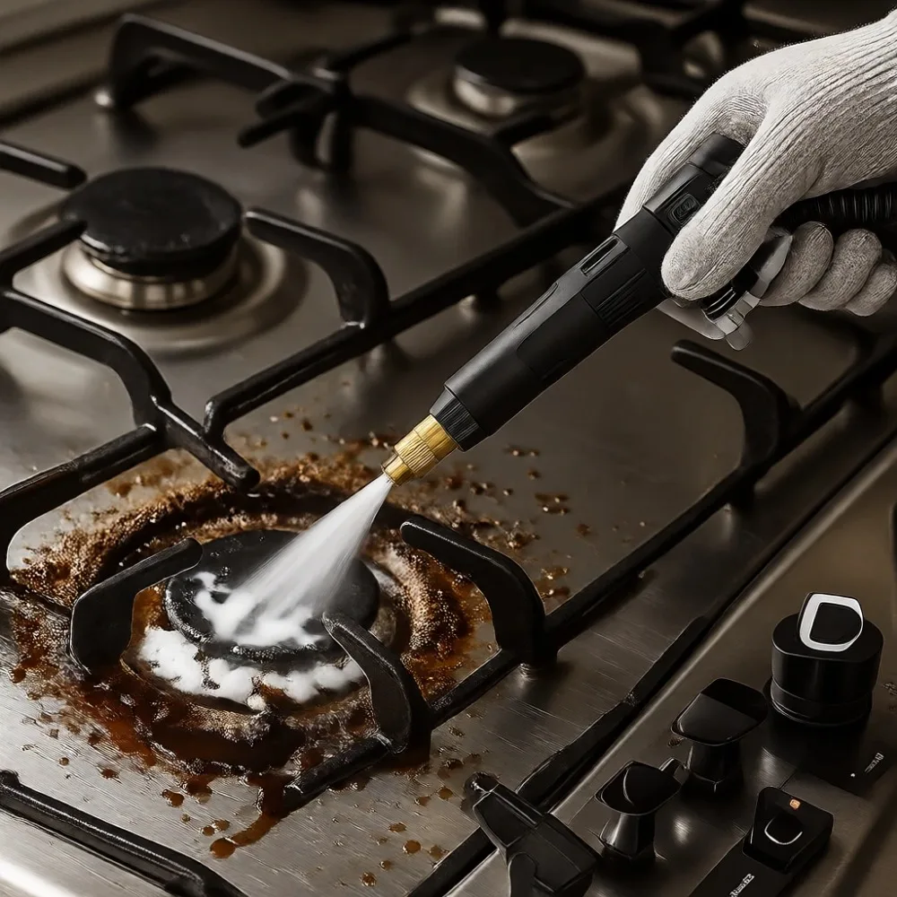 

Портативный ручной пароочиститель высокого давления с 3 насадками и скребком для стекол для глубокой очистки кухни и автомобильных сидений