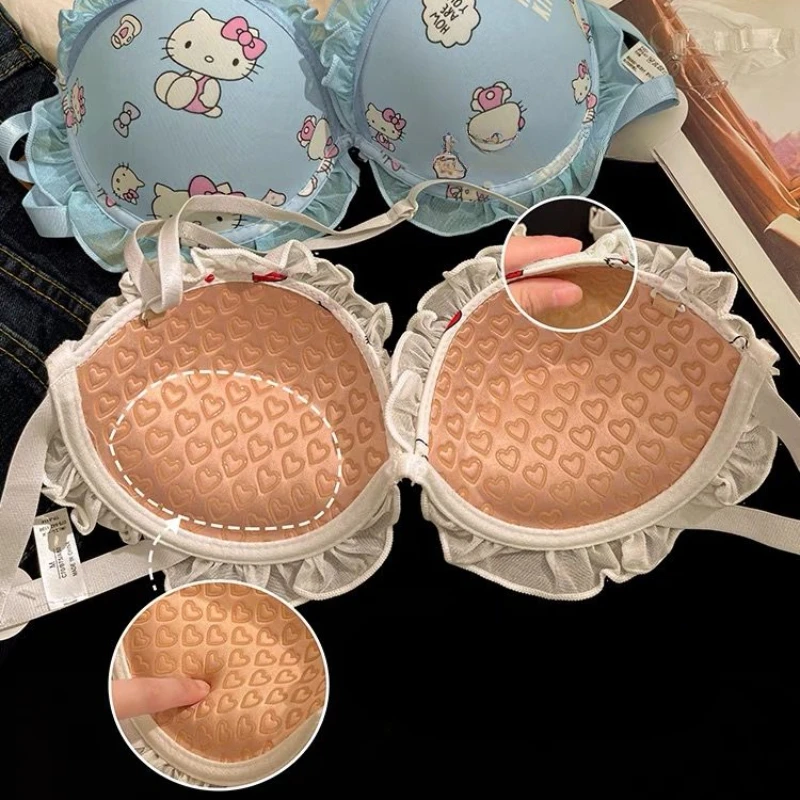 Kawaii Sanrio Hello Kitty Women Bra Panty Set Cartoon Sexy Girls Breathable Cute Underwear Sexy Cotton Panties Soft Brassiere