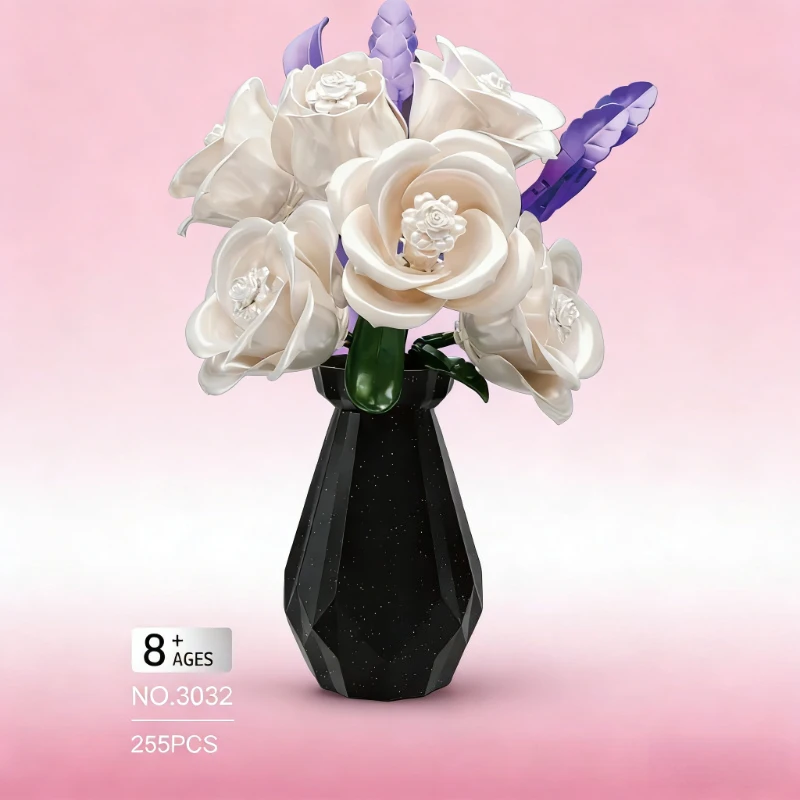 

New Black Gold White Rose Building Blocks Set with Vase Home Art Ornament Plant Flower Assembly Educational Toy