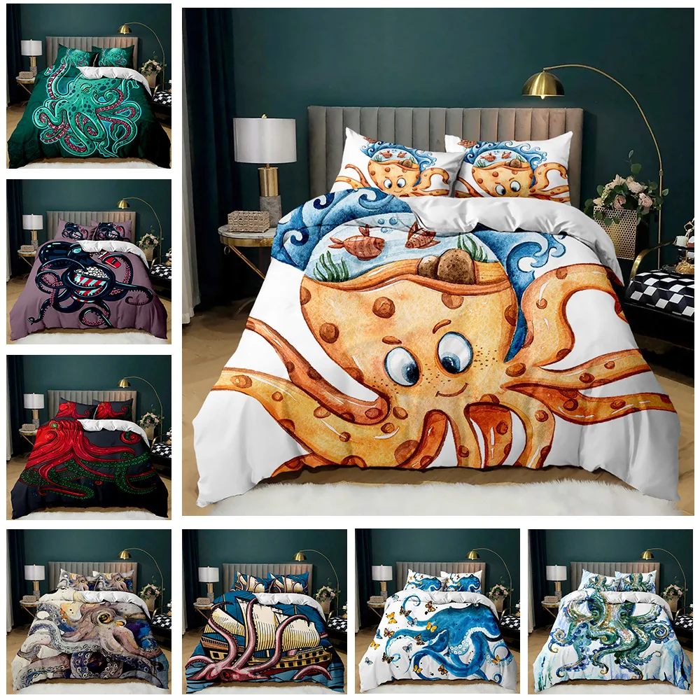 

King/Queen - Sized Cartoon Octopus Duvet Cover Set: Sea Animal Bedding in Red & Blue 3D Print. Made of Microfiber Polyester