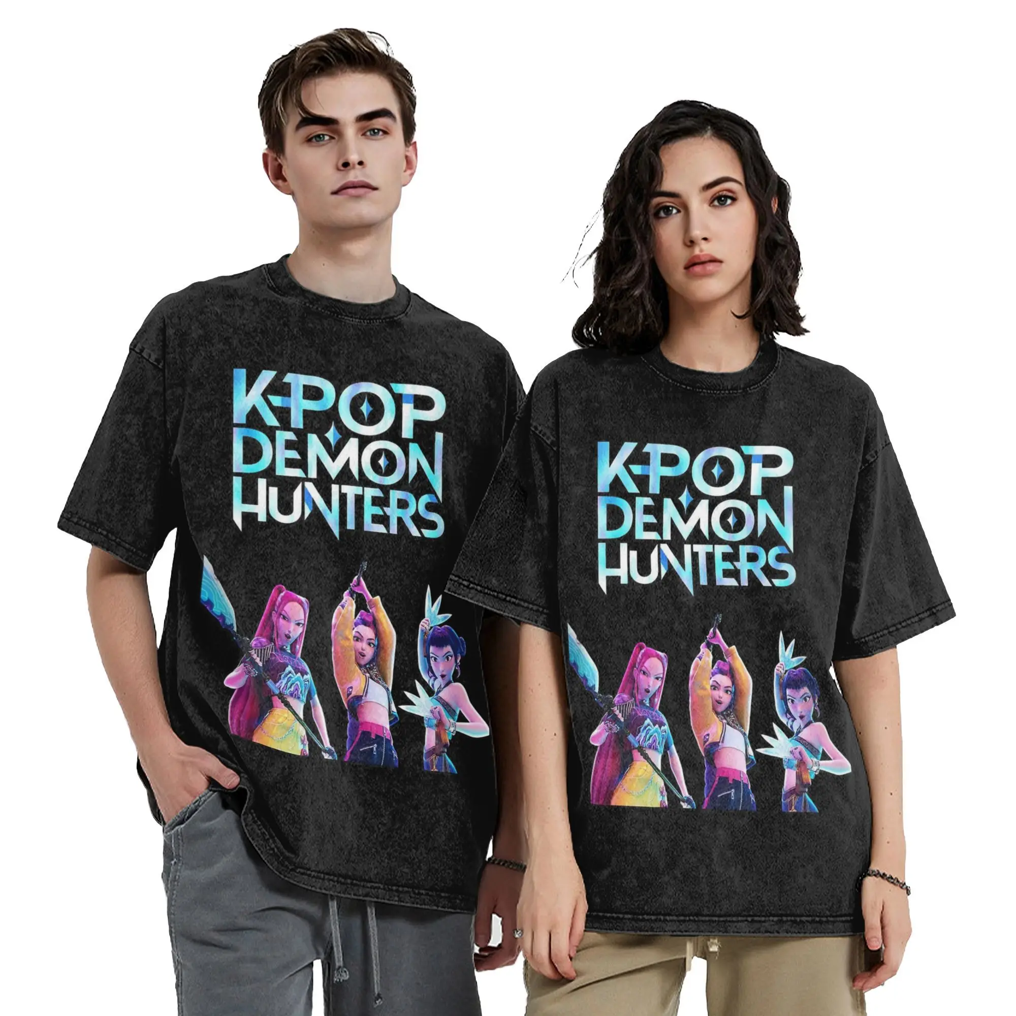 

Kpop Demon Hunters Huntrix Girls Винтажная стираная футболка из чистого хлопка Топы Crazy Футболка с круглым вырезом с короткими рукавами Уникальные футболки