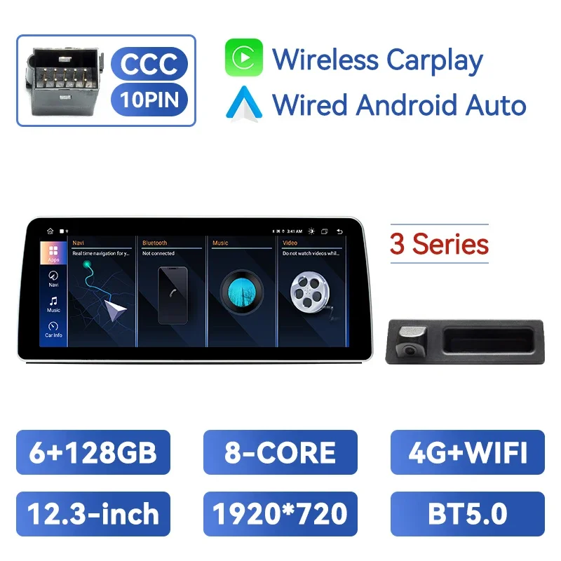 12.3Inch 1920*720P Draadloze Carplay Android Auto Auto Multimedia Speler Voor Bmw 3/5Series E60 E61 E90 E91 E92 E93 Ccc Monitor