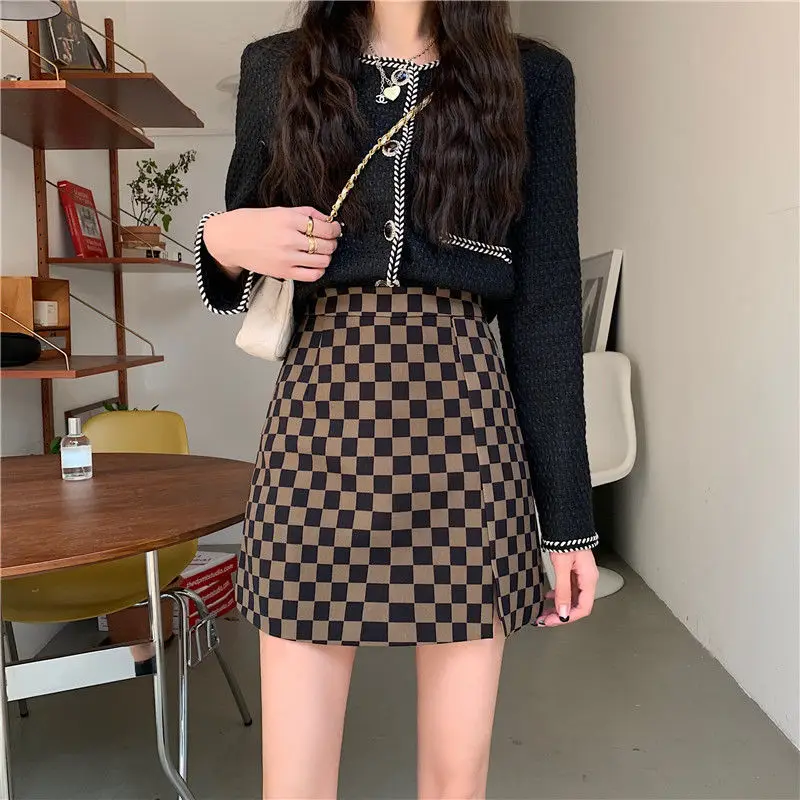 Clothes High Waist Skirts for Women with Slit Women's Skirt Short Plaid Mini Fashion A Line Luxury Y2k Chic and Elegant Casual V