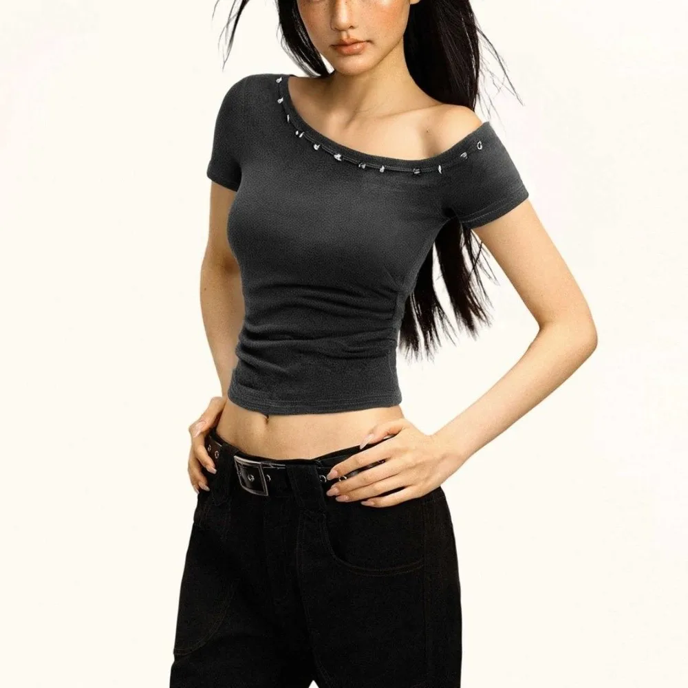 Trendy Studded Off Shoulder Top Stretchy Lightweight Slim Fit Tee Breathable Cropped Asymmetric Neck T-Shirt Party Outfits