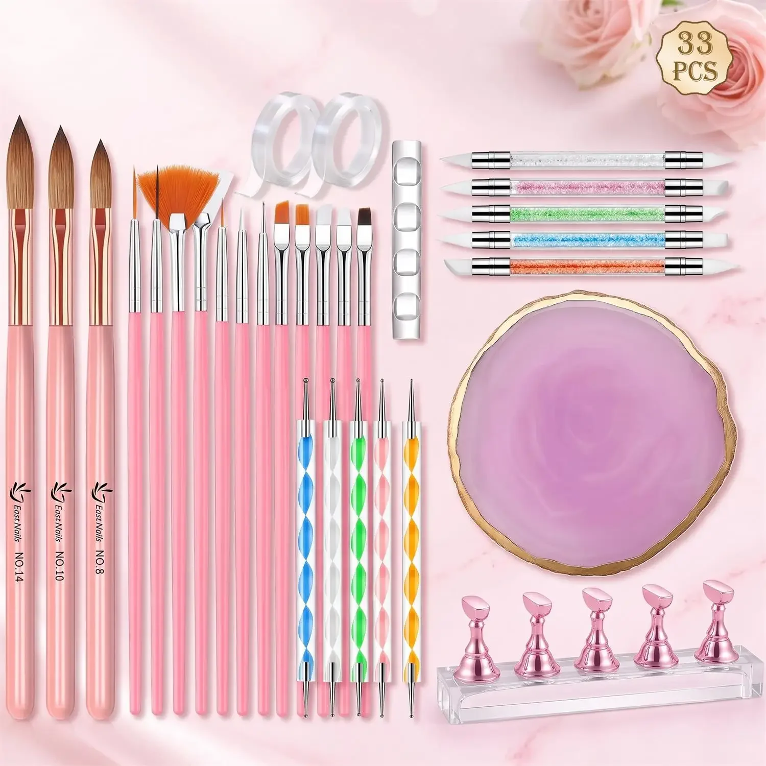 33Pcs Nail Brush Kit w/ Stand, Acrylic/Design Brushes, Dotting/Sculpting Pens, Palette, Holder & Tape – For Salon, School & Home