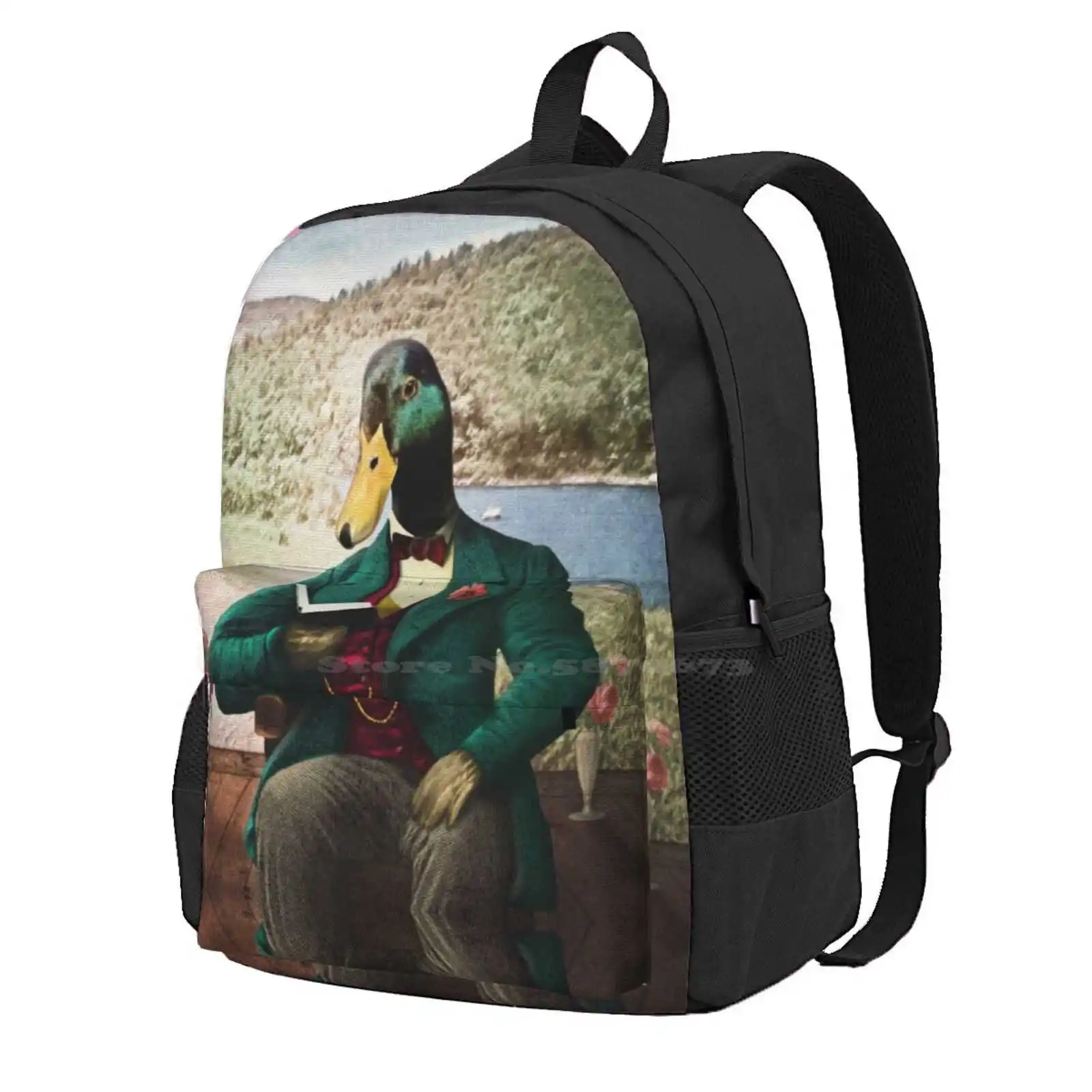 Monsieur Mallard Reading An Improving Book Hot Sale Schoolbag Backpack Fashion Bags Animals Duck Drake Bird Mallard Books