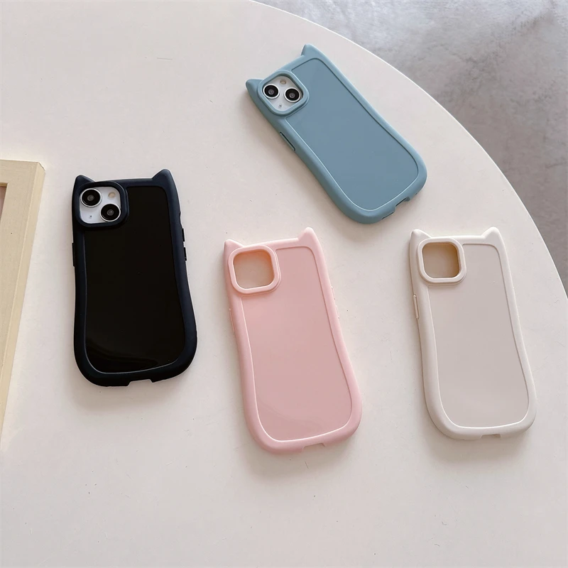 Korean Cute 3D Kitten Cats Ear Solid color Phone Case For iPhone 15 14 13 11 12 Pro Max Girl Silicone Shockproof Soft Cover