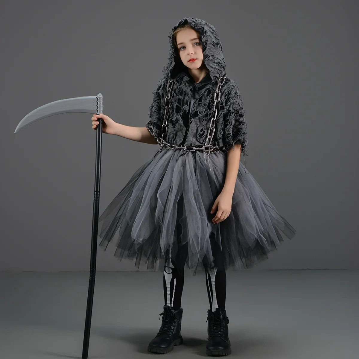 Kids Halloween Cosplay Scary Death Grim Reaper Costume Cosplay for Girls Child Tutu Dress + Cloak + Scythe Full Set 2-12Y Outfit view 2