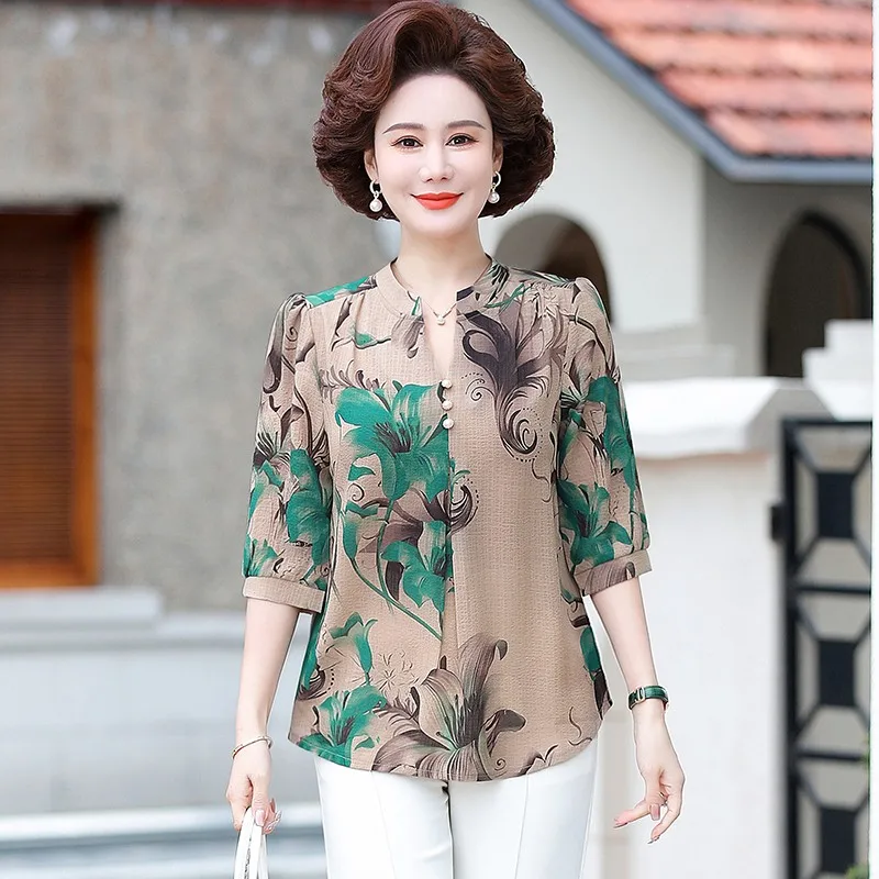 Summer Vintage Broken Flowers Blouse Commute Single-breasted Female Clothing Folk Casual Round Neck Half Sleeve Shirt