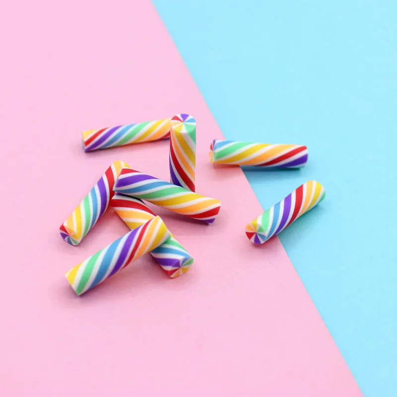 200pcs Polyester Clay Rainbow Candy Stick Charm for Diy Food Crafts Embellishment Jewelry Making Accessories 6x24mm