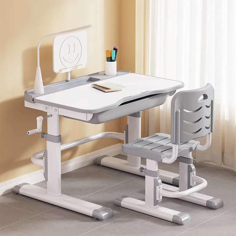 Adjustable Kids Study Desk and Chair Set Children's Writing Table Tiltable Drawing Desk for Home Learning 80x52cm