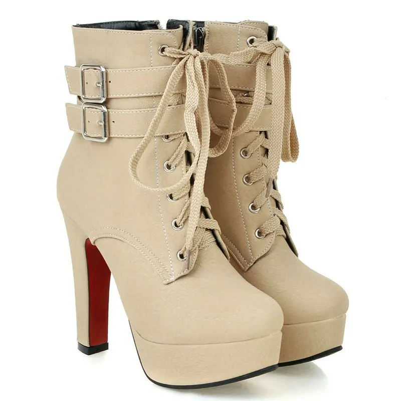 Extra Big Size 47 48 Round Toe Cross-tied Lace-up Women Ankle Motorcycle Boots Thick High Heels Stiletto Botines Gothic Shoes