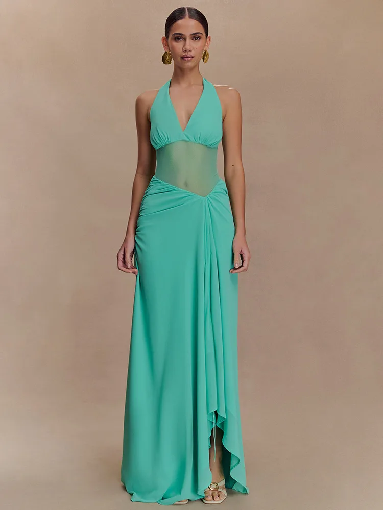 Durchsichtiges Chiffon-Maxikleid für Damen, Neckholder, tiefer V-Ausschnitt, Krawatte, sexy, rückenfrei, schmal, asymmetrisch, schmale A-Linien-Kleider, Partykleidung
