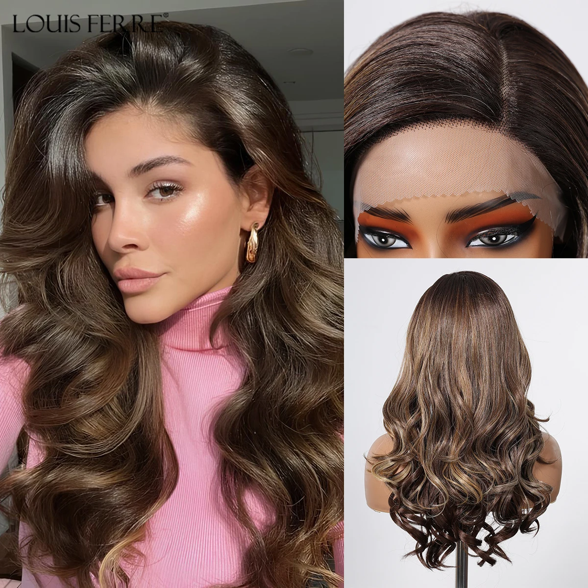 Synthetic Lace Front Wigs for Black Women Long Wavy Dark Brown Blonde Highlights Wigs 13*3.5*1 T Part Lace Wig Daily Fake Hair