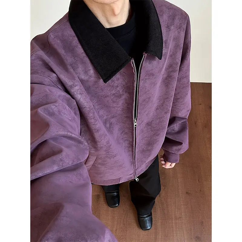 Washed Vintage American Workwear Jacket Purple Oversized Boxy Style Collar Men's Short Wide Fit Outerwear Spring Autumn