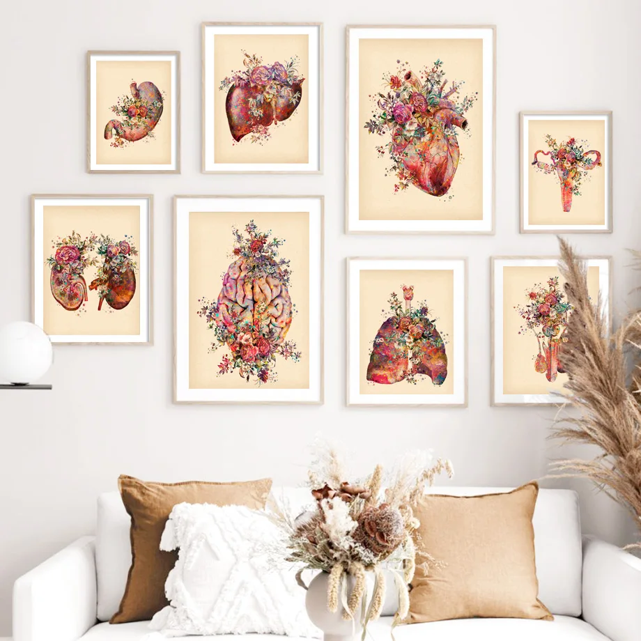 Flower Anatomy Brain Heart Lung Kidney Uterus Nordic Posters And Prints Wall Art Canvas Painting Wall Pictures For Doctor Decor