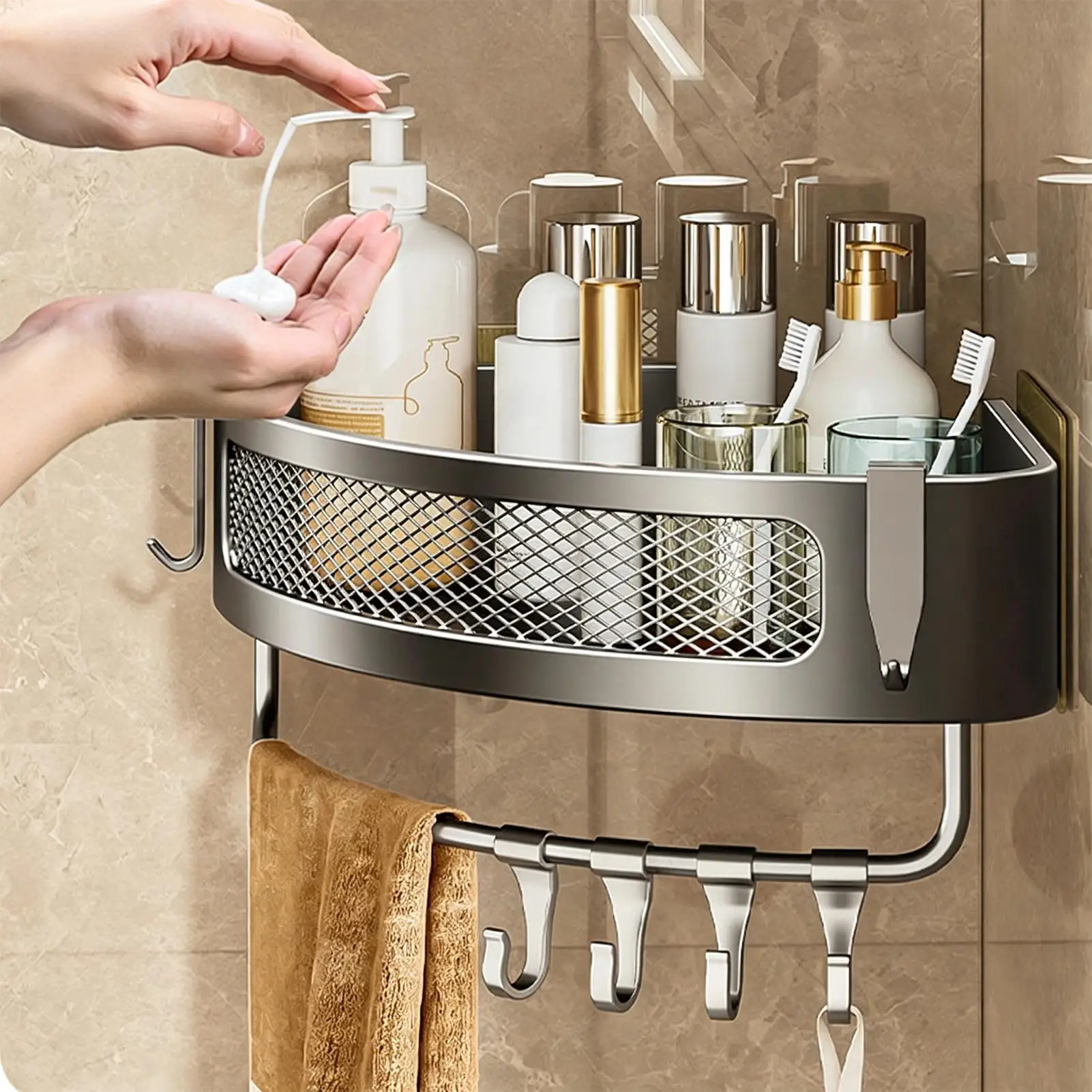 Wall Mount No Drill Shower Corner Waterproof Anti Rust Bathroom Shelves With Hook Home Bathroom Space Saving Storage Holder