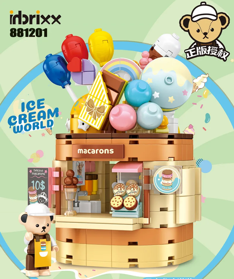 Creative DIY Kumamoto Bear Street View Ice Cream Shop Building Block,  City Model Bricks , Boys Girls Children Toys Adult Gift