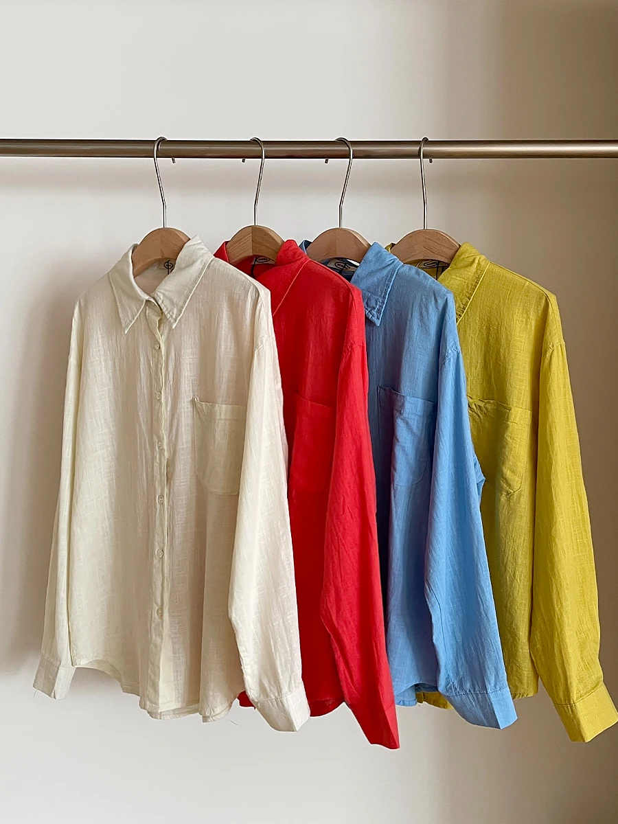 Cotton Linen Shirt Women‘s Retro Color Casual Thin Shirt Blouse Solid Long Sleeve Shirt Sun Protection Tops