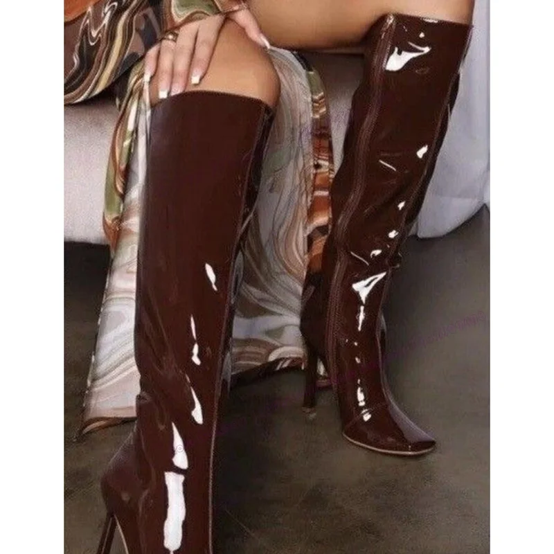 Patent Leather Square Toe Knee High Boots Stilettos High Heels Shoes for Women Solid Color Sexy Shoes 2023 Zapatos Para Mujere