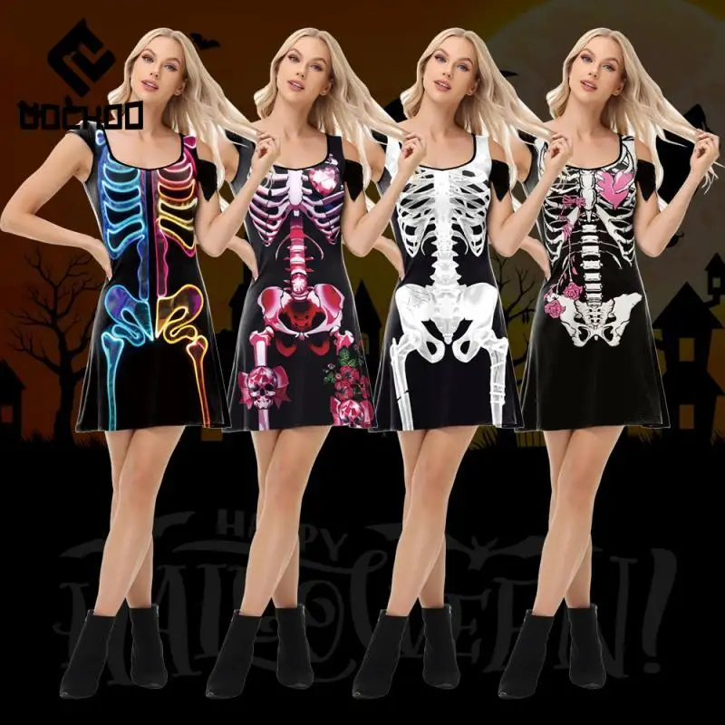 

Women Halloween Cosplay Costume Skeleton Print Dress Adult Dresses Holiday Party Outfits Novelty Irregular Clothes Gifts