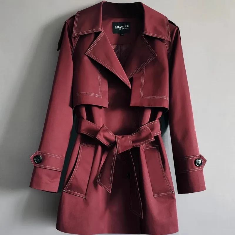 

Vintage Long Solid Color Trench Coat Women Autumn Korean Red Windbreaker Belt Double Breasted Big Pocket Loose Overcoat Female