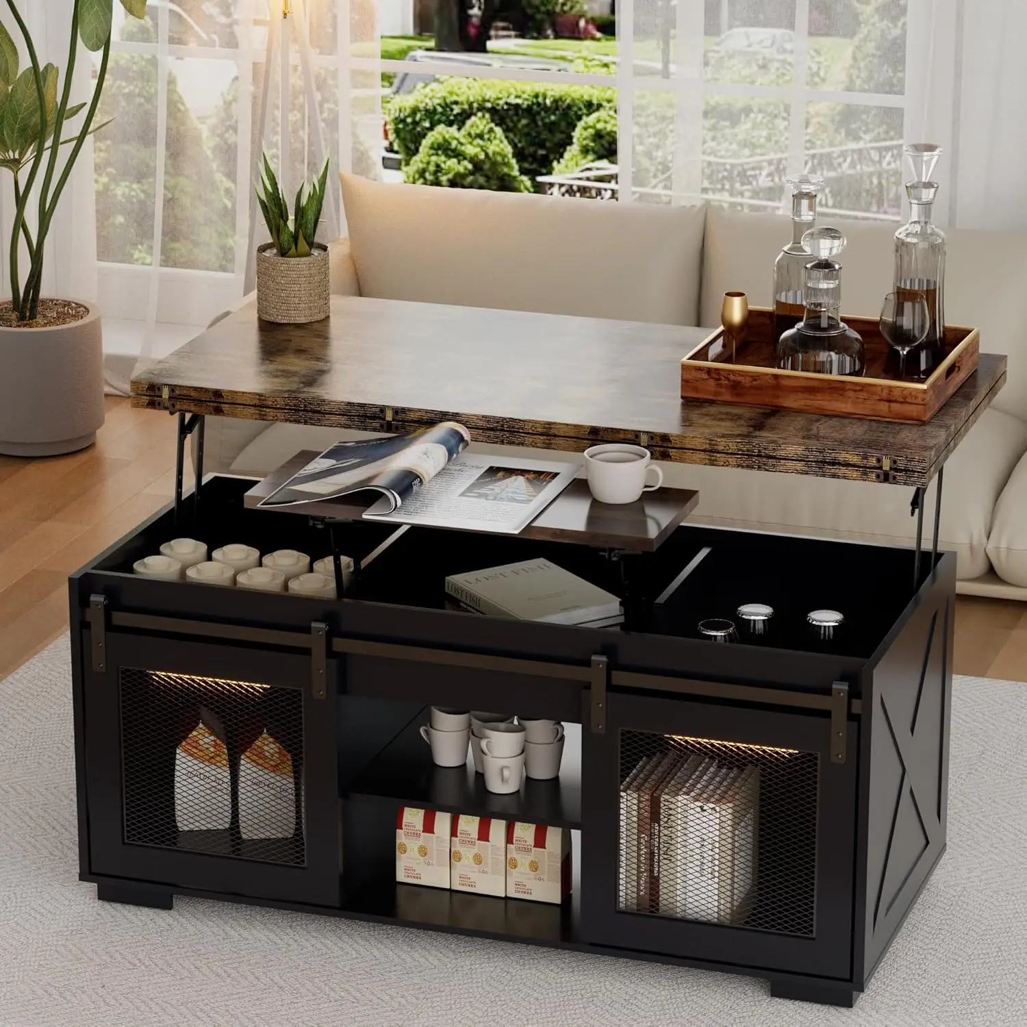 

Upgraded Coffee Table with Lifting Top And Sliding Doors, Thick Panels, Industrial Metal Mesh Sides, Dual LED, Customized