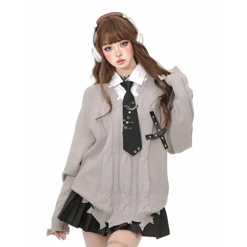 Sweter Rajutan Vintage Gaya Amerika Wanita Musim Gugur Musim Dingin Harajuku Longgar Lengan Panjang Pullover Fashion Wanita Jumper