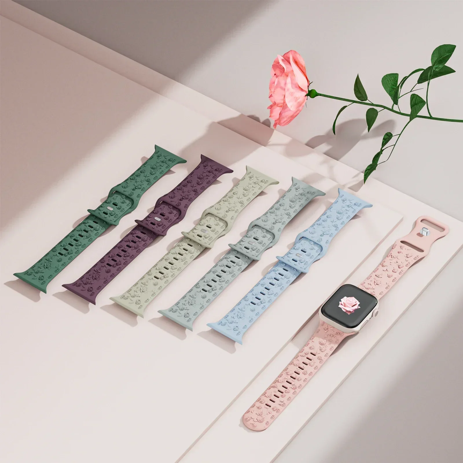 Floral Engraved Band for Apple Watch 46mm 42mm 49mm 44 45mm 41mm Silicone Strap For Iwatch Ultra 2 Series 10 9 8 7 6 SE Correas image 4